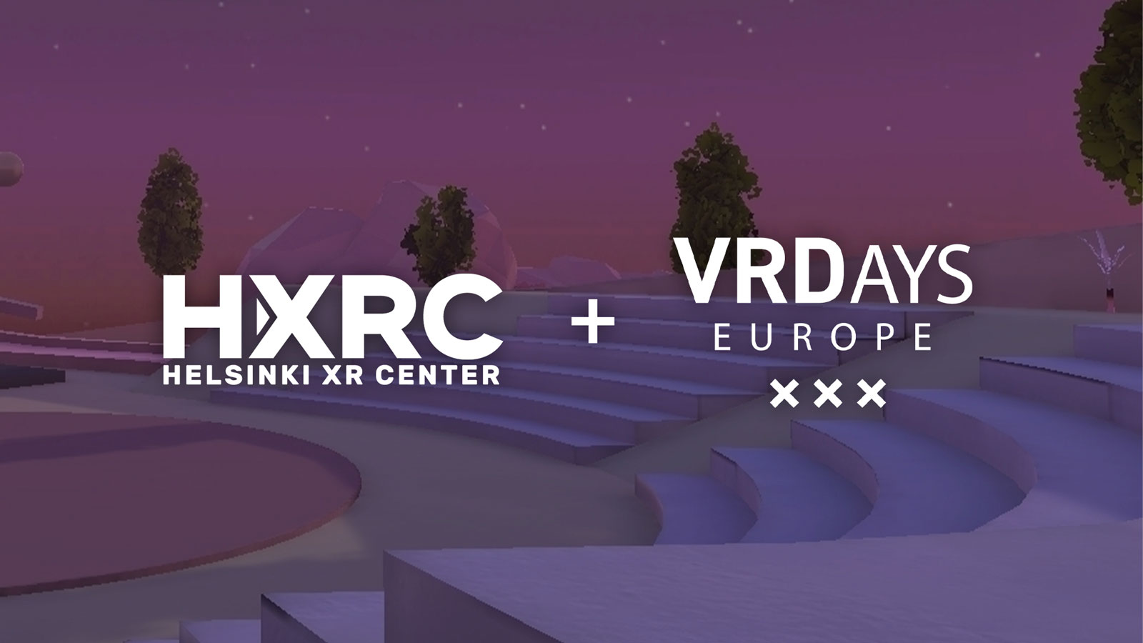 Lilac amphitheater made in VR environnment, with Helsinki XR Center and VRDays Europe logos overlaid.