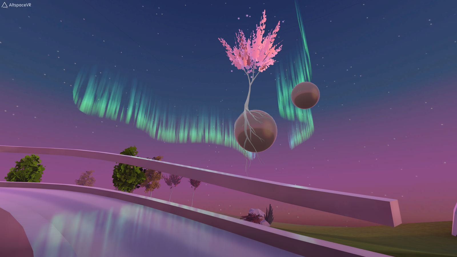 Virtual reality landscape from AltspaceVR. A tree with pink leaves is growing from a sphere hanging in the air, with Aurora Borealis in the background.