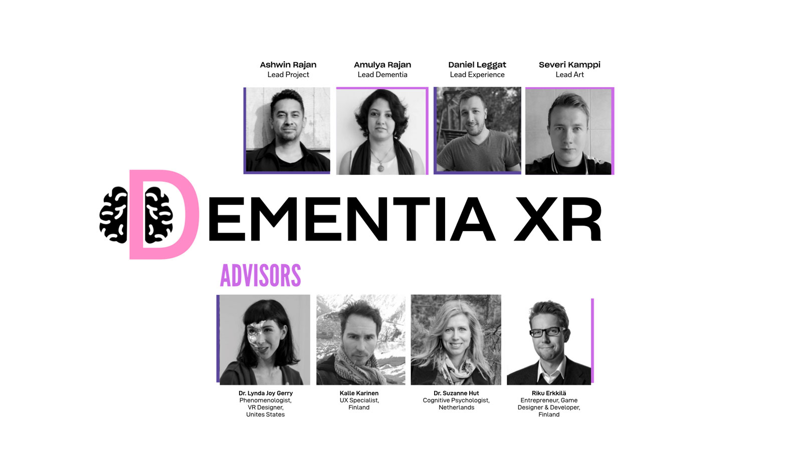 Collage of Dementia XR's team of four, and four advisors. Black-and-white images with Dementia XR logo in the middle.