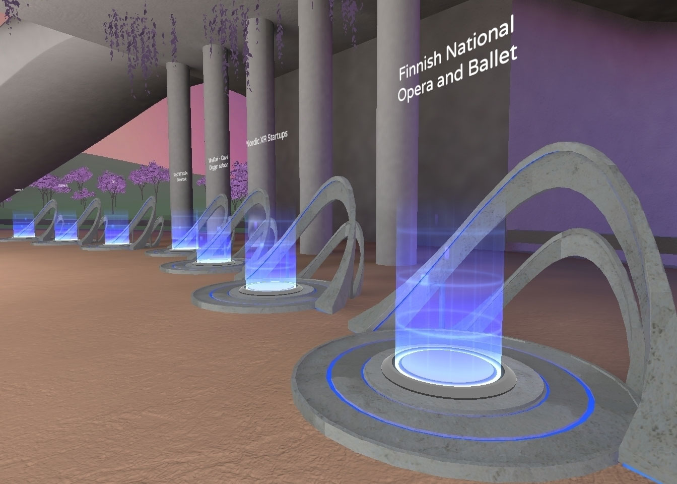 A space inside virtual reality in AltspaceVR. There are blue teleport beams shooting out of the floor, leading the person into partner worlds: Finnish National Opera and Ballet, and Nordic XR Startups are visible.