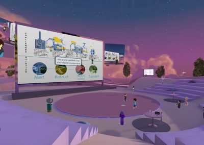 Lilac amphitheater in a virtual reality environment AltspaceVR. There is a big screen in the middle, with a presentation projected on it. Opens in lightbox.