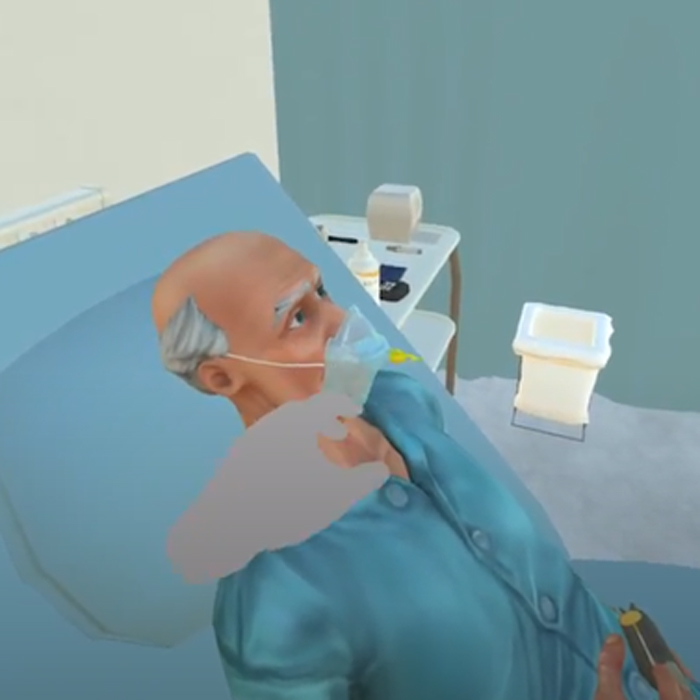 A screenshot of ABCDE-Trainer project in virtual reality VR. A sick person is sitting on a medical bed and a floating virtual hand is assisting them.