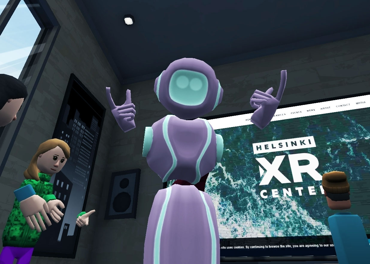 A screenshot selfie of AltspaceVR with one participant with a robot avatar in the middle.