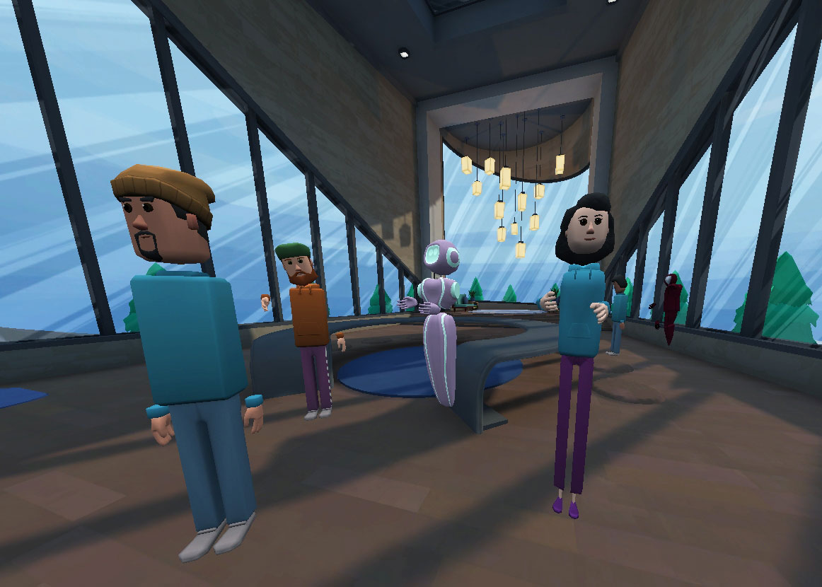 A screenshot from AltspaceVR with four participants in a conference room with big windows and beautiful lamps hanging from the ceiling. Three of four avatars are persons, one is a robot.