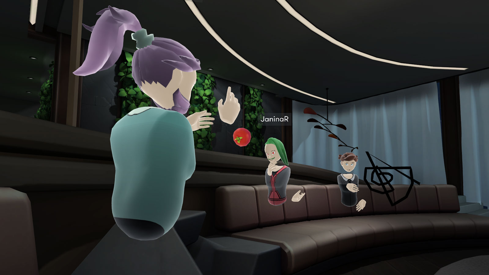 A screenshot of Bigscreen VR, where one participant is throwing a tomato towards another one. Third one is in the background drawing in the air.