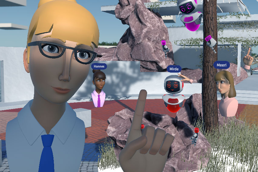 A screenshot of Glue collaboration tool with five participants. One is standing in the front and others in the back.