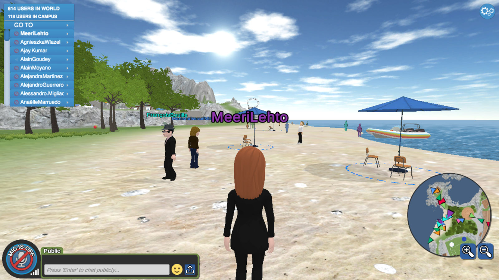 A screenshot of Laval Virtual World 2020 beach. There are a lot of sand, sun shades and some trees in the background. The weather is sunny, and a couple of people are hanging out and talking in the distance.