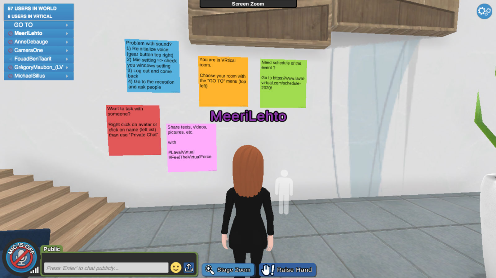 A screenshot of Laval Virtual World 2020, where the user’s avatar is checking out post-it notes on the wall. The notes are about how to use the virtual platform.