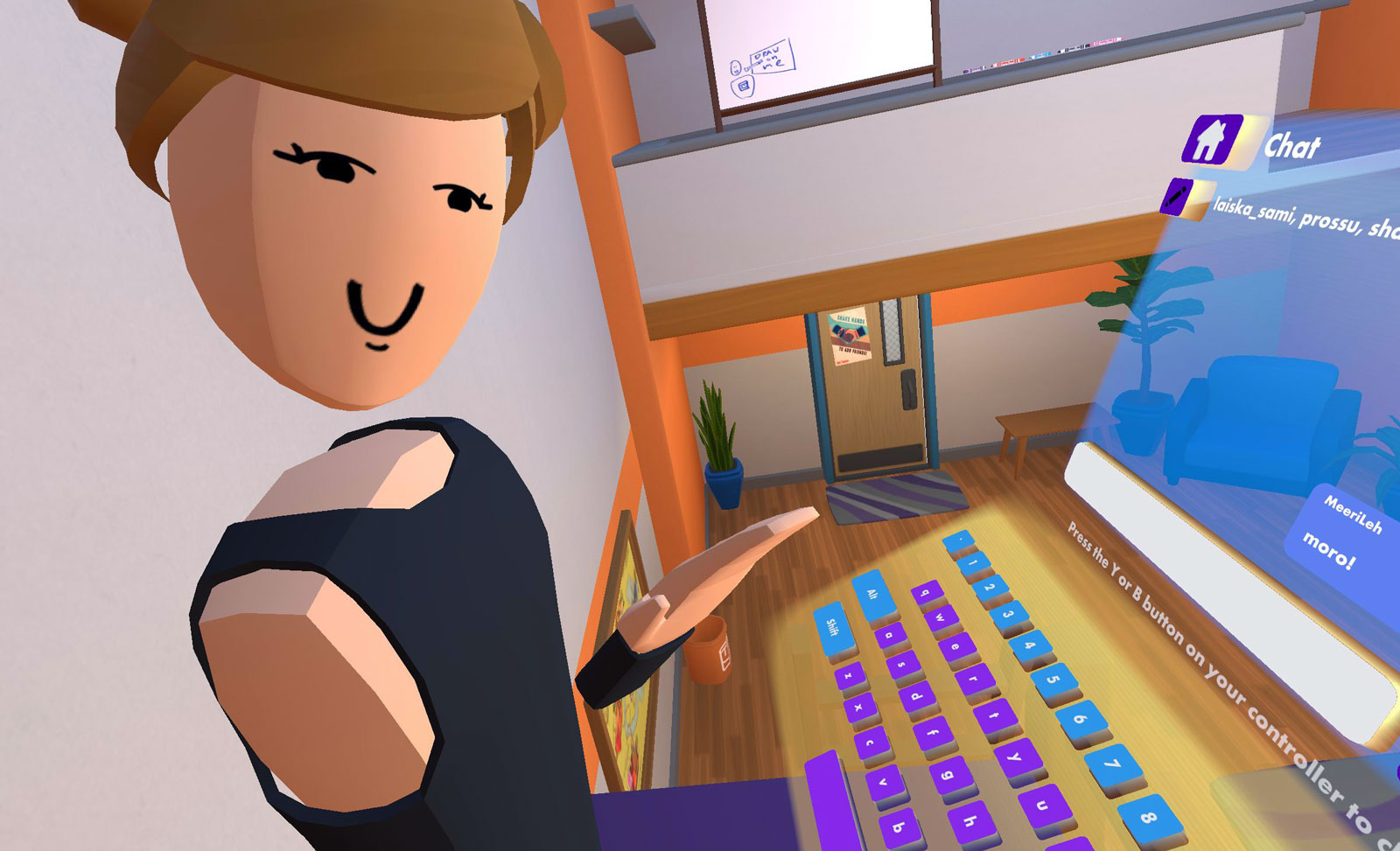 A selfie screenshot taken in the Rec Room virtual reality platform. An avatar is chatting on laptop.