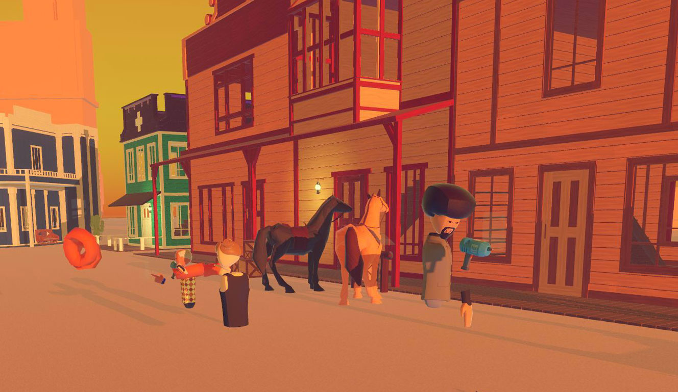 A screenshot of a western movie scenery in Rec Room, a virtual reality platform. There's a couple of horses and participants trying out the Maker Pen.