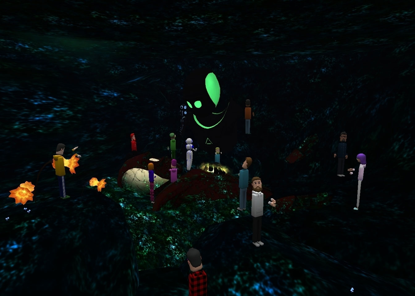 A screenshot from FIVR Spring Meetup 2020 in Altspace. Its very dark with a moody atmosphere.