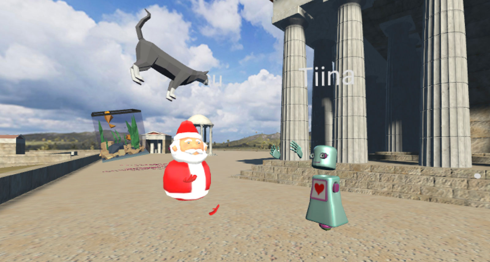 A screenshot from Mozilla Hubs. A santa claus and a robot avatars are exploring a 3D model of a cat that is floating in the air. There's a temple in the background.