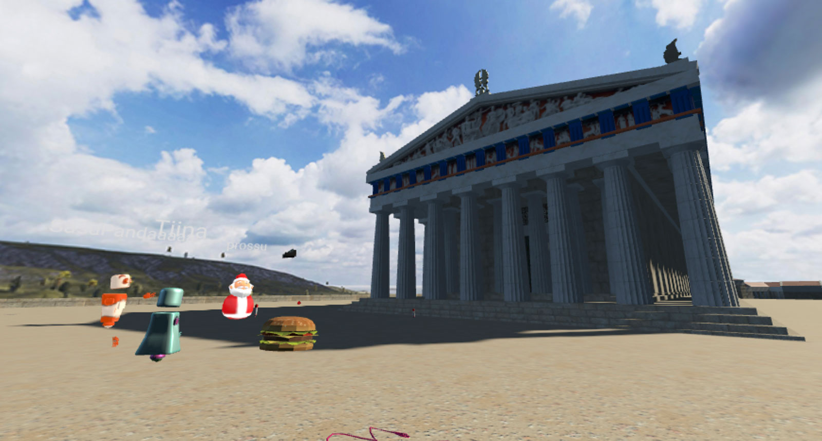 A screenshot from Mozilla Hubs virtual environment. A Santa Claus, robot and panda avatars are standing in front of a reconstructed Parthenon in a desert.
