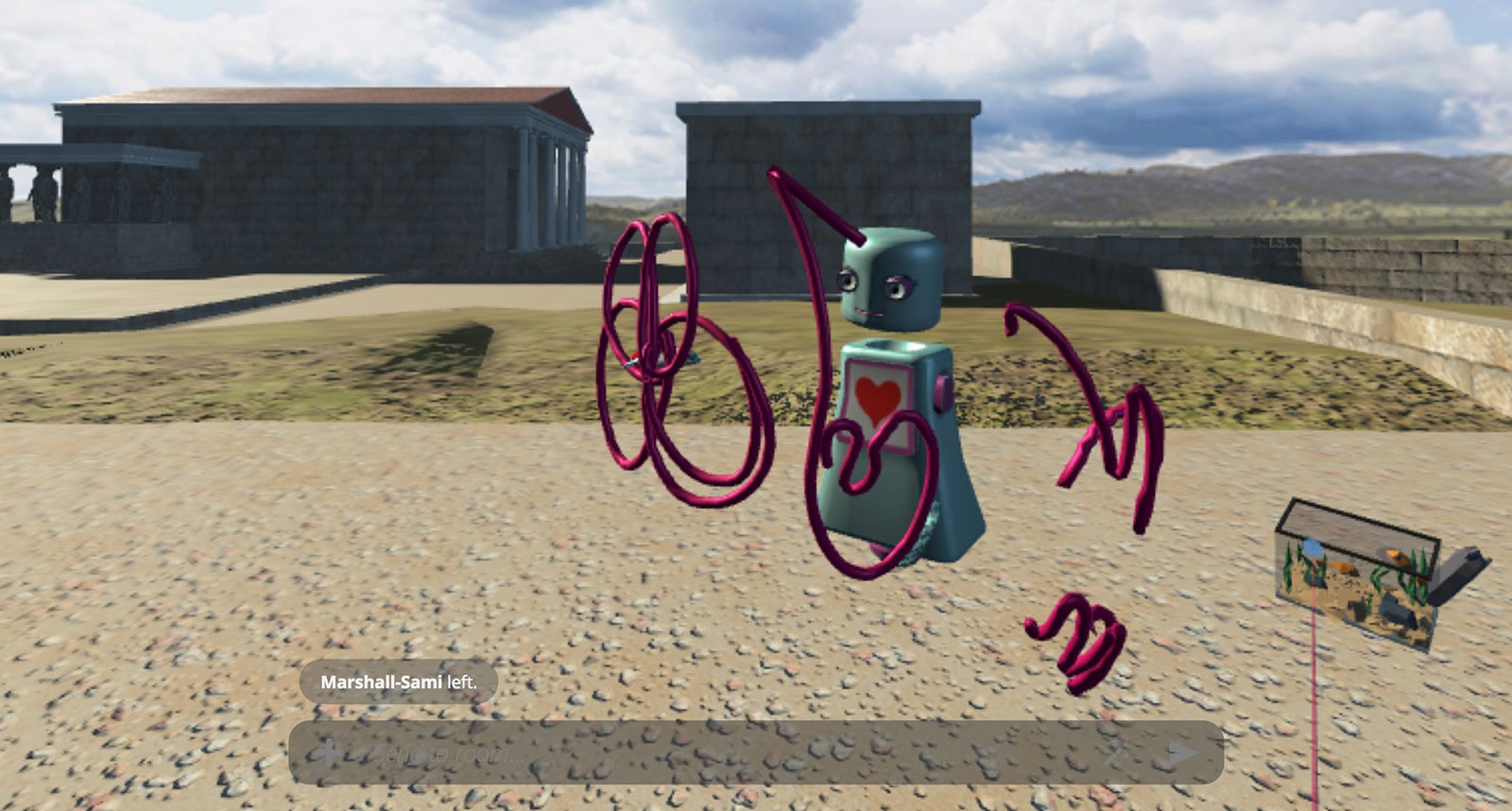 A screenshot from Mozilla Hubs. A robot avatar is drawing in the air with a 3D pen.