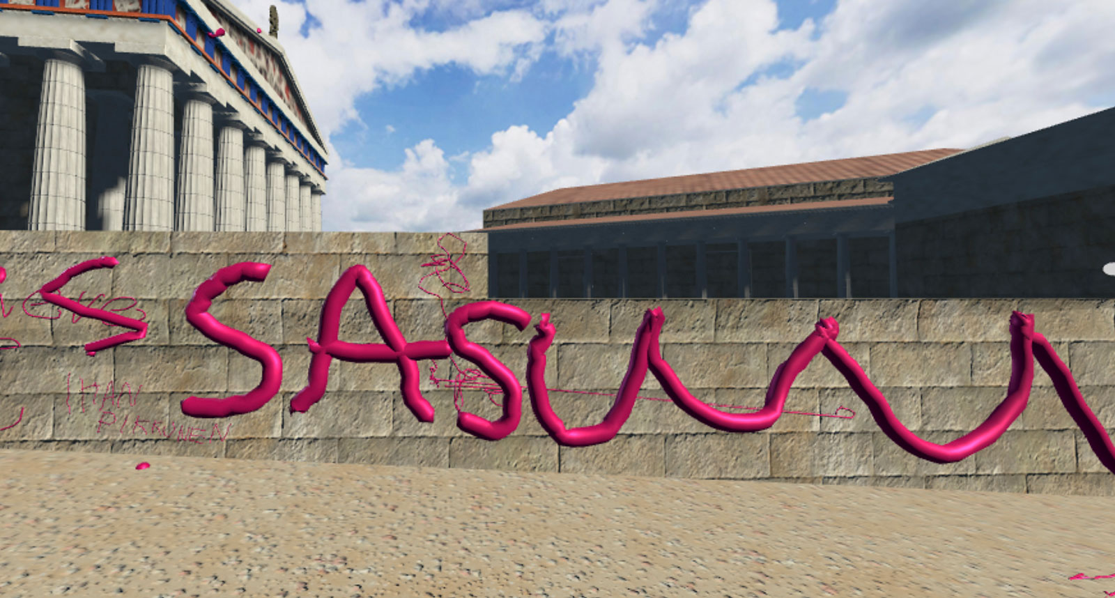 A screenshot from Mozilla Hubs. There are pink 3D drawings on a brick wall. The drawing is letters saying: Sasuuuu.