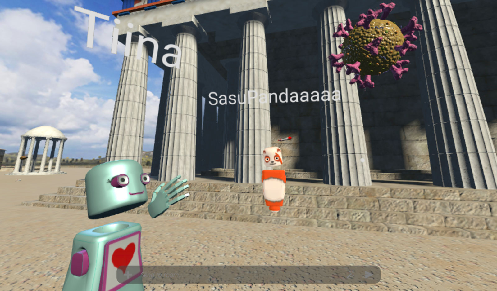 A screenshot from Mozilla Hubs. A panda and a robot avatars are exploring a 3D model of a virus that is floating in the air. There's a temple in the background.
