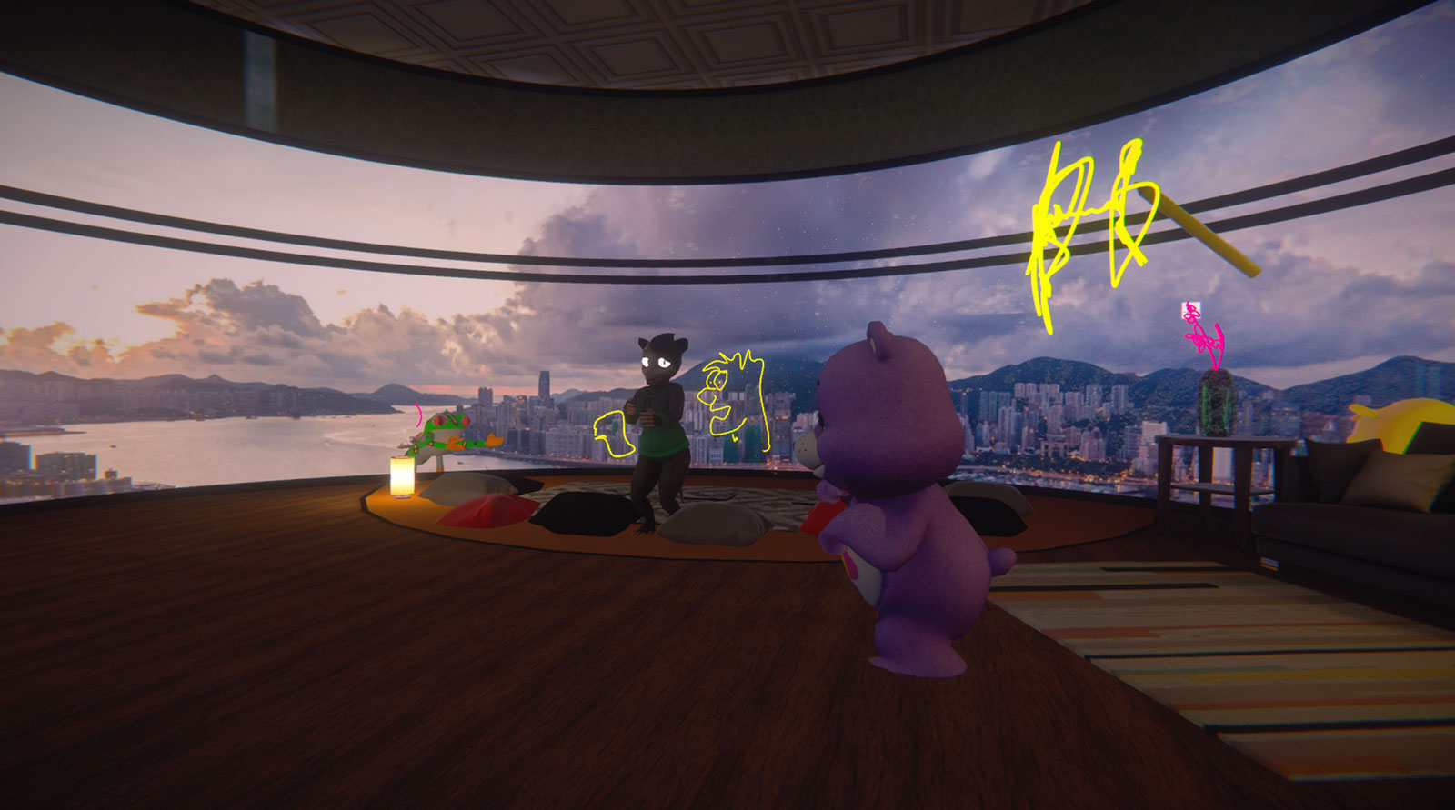 A screenshot of VRChat, social virtual reality application. Two avatars are standing in a room at a sky scraper. There are big windows in the background with a great view of the sunset. Some 3D doodles are floating in the air.