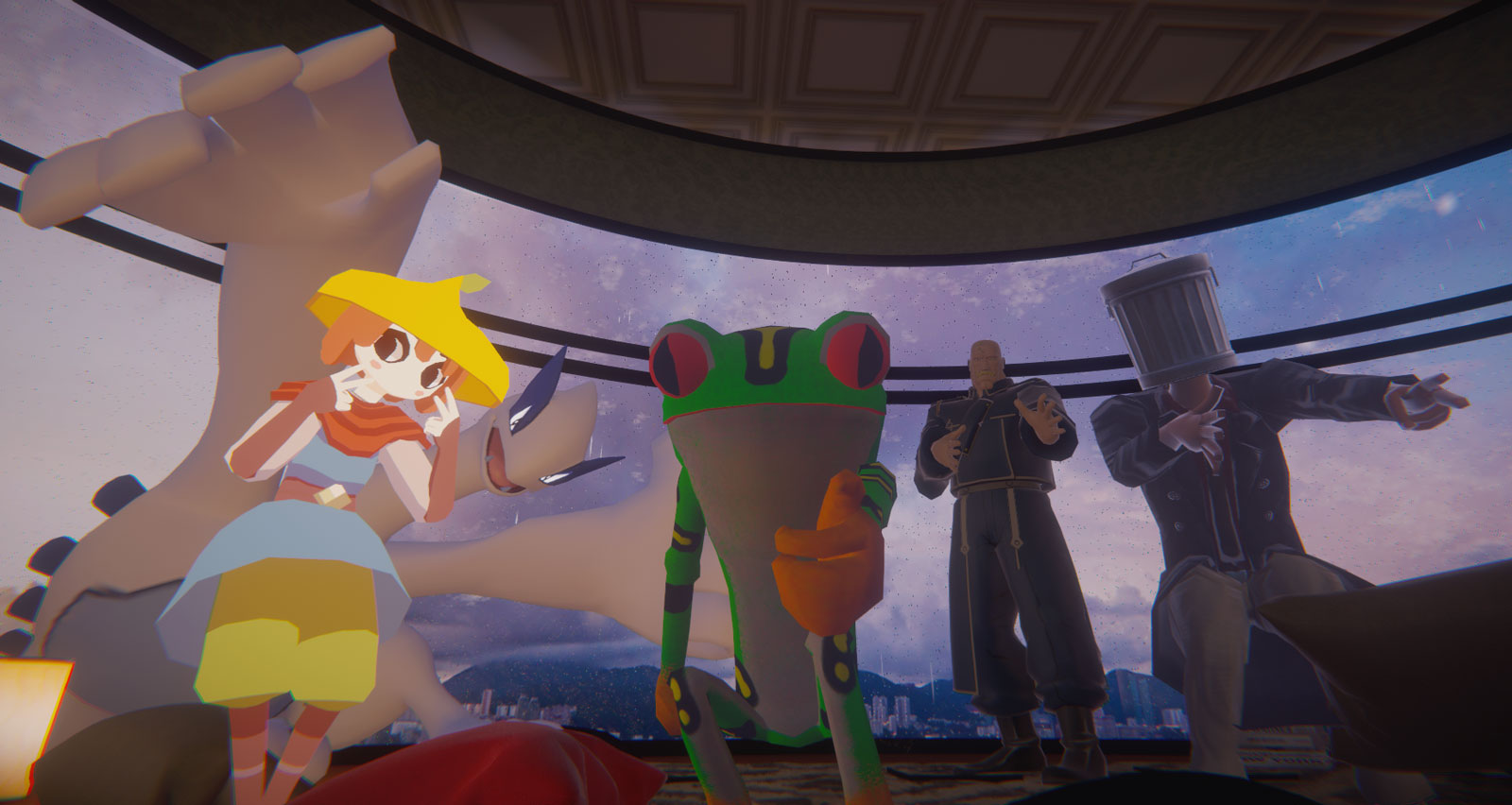 A screenshot from VRChat. Seven avatars are taking a selfie in a room in a skyscraper and looking straight at the camera. There are big windows in the background with a great view of the sunset.