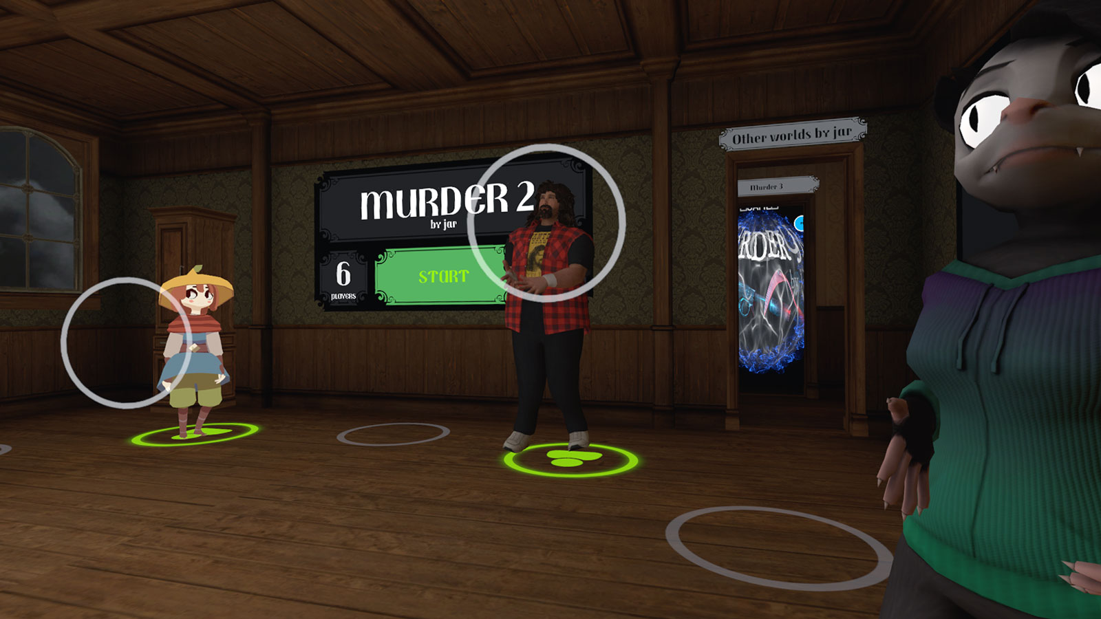 A screenshot of VRChat, social virtual reality application. Two avatars are standing in an entry room for a Murder Game.