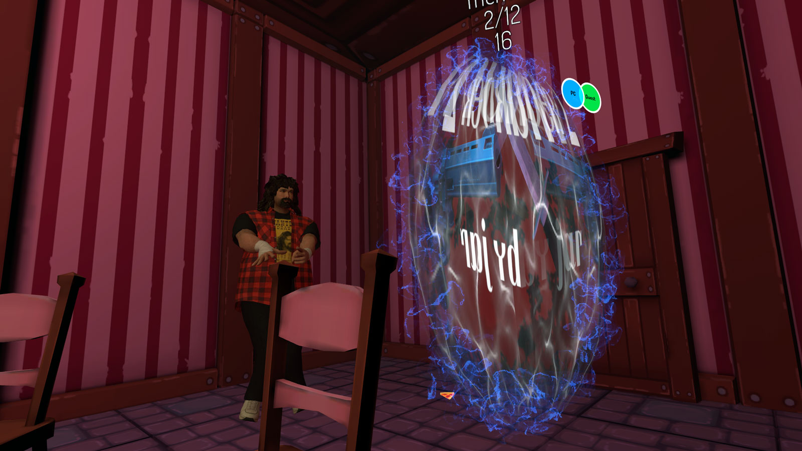 A screenshot of VRChat, social virtual reality application. An avatar is stepping in to a teleport.