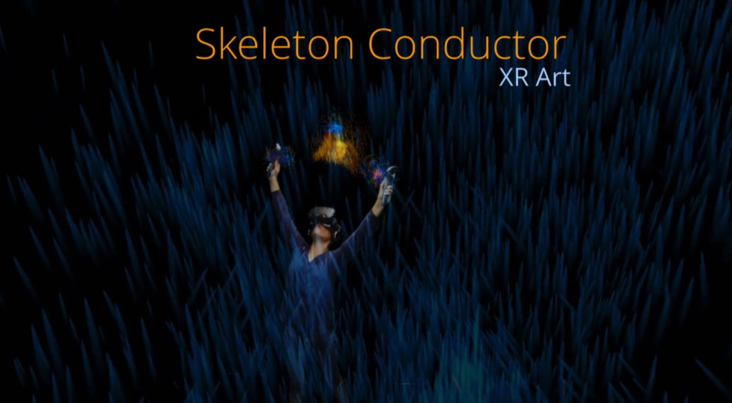 Promotional image for Skeleton Conductor XR Art. A person in a black void, controlling particles.