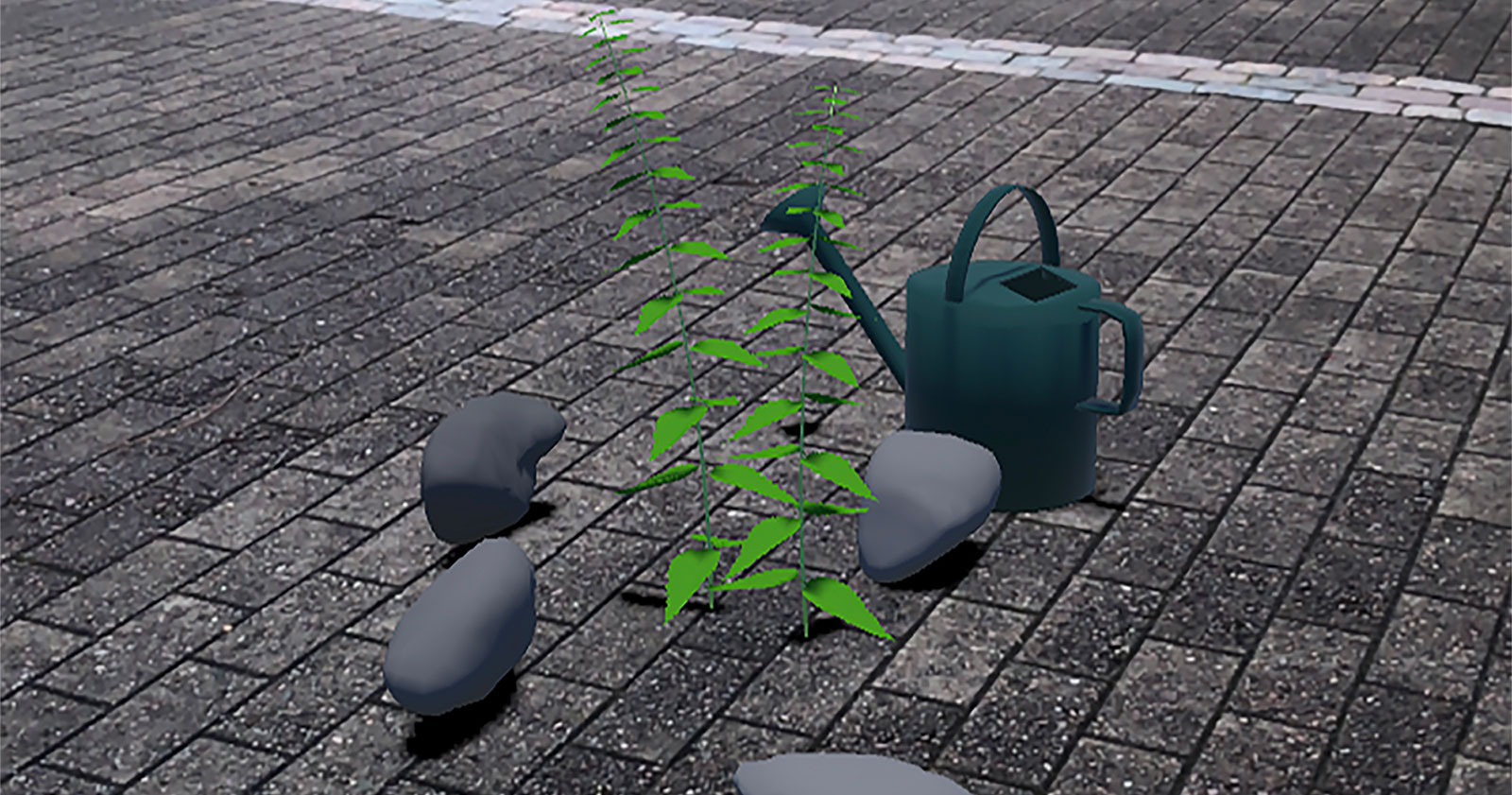 Virtual reality environment with a plant and watering can on the ground.