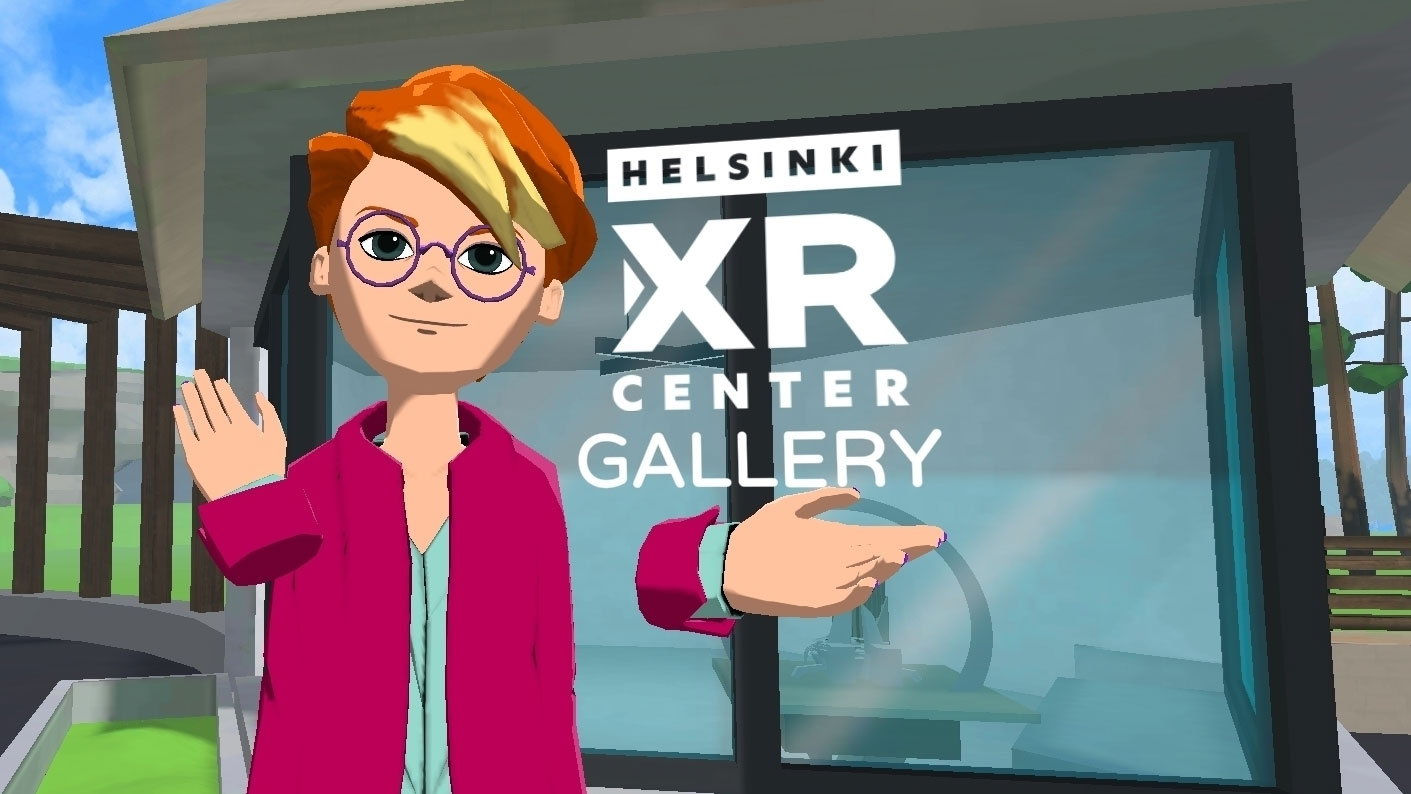 Screenshot from AltspaceVR: an avatar is standing in front of a virtual gallery.