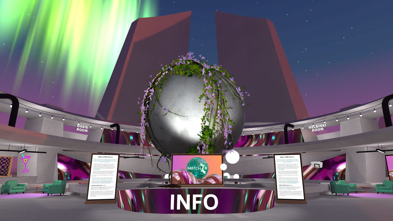 Screenshot from AltspaceVR: an info desk in an event space, illuminated by northern lights.