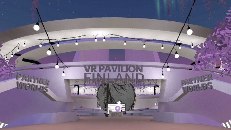 AltspaceVR screenshot. View of the first version of the VR Pavilion Finland's entrance.