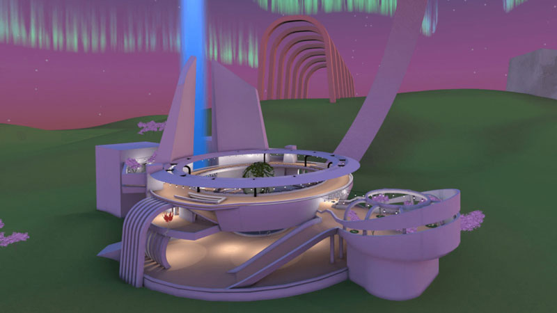AltspaceVR screenshot. Flyover view of the first version of VR Pavilion Finland.