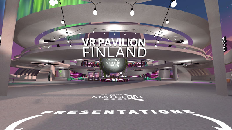 AltspaceVR screenshot. Entrance to the VR Pavilion Finland.