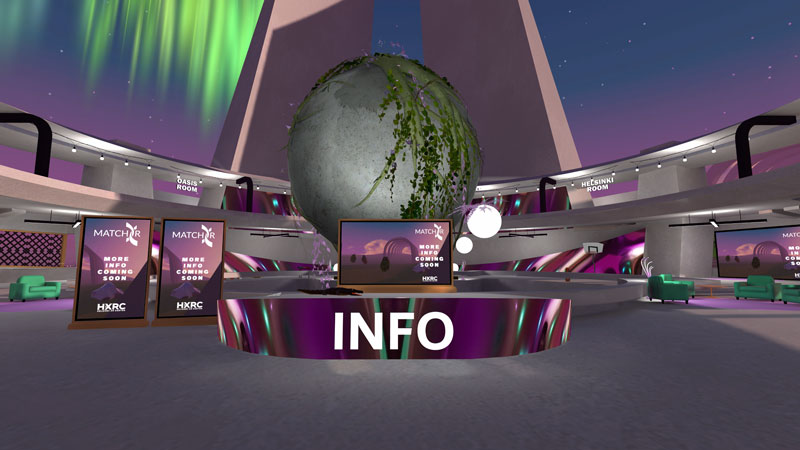AltspaceVR screenshot. An information desk in a virtual networking space.