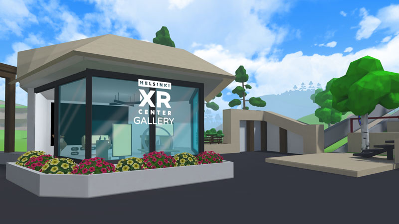 AltspaceVR screenshot. Virtual Trade Show gallery space from the outside.