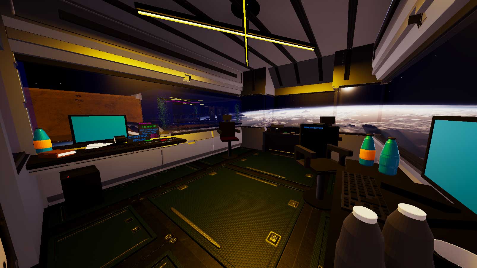 Space station control room in virtual reality.