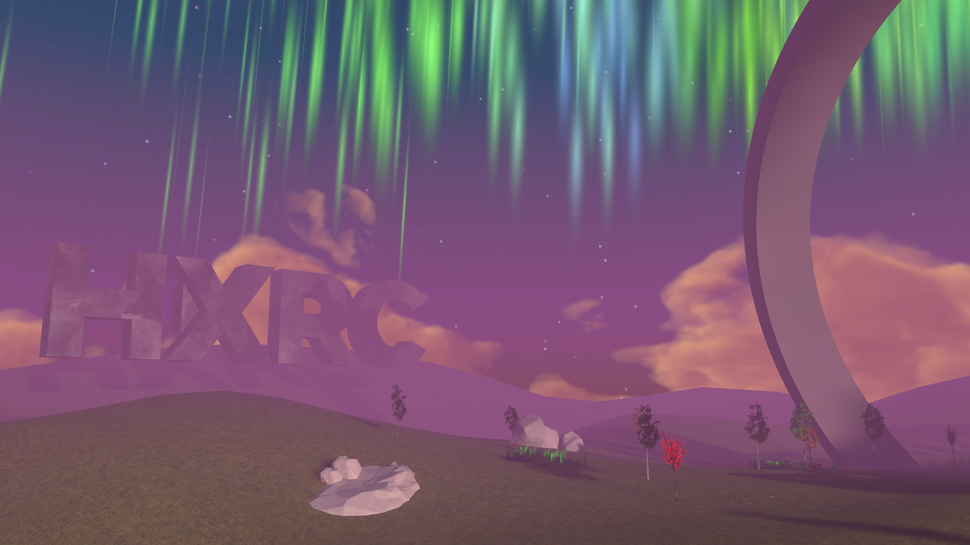 Screenshot from AltspaceVR digital world, showing a sunset sky and aurora borealis.