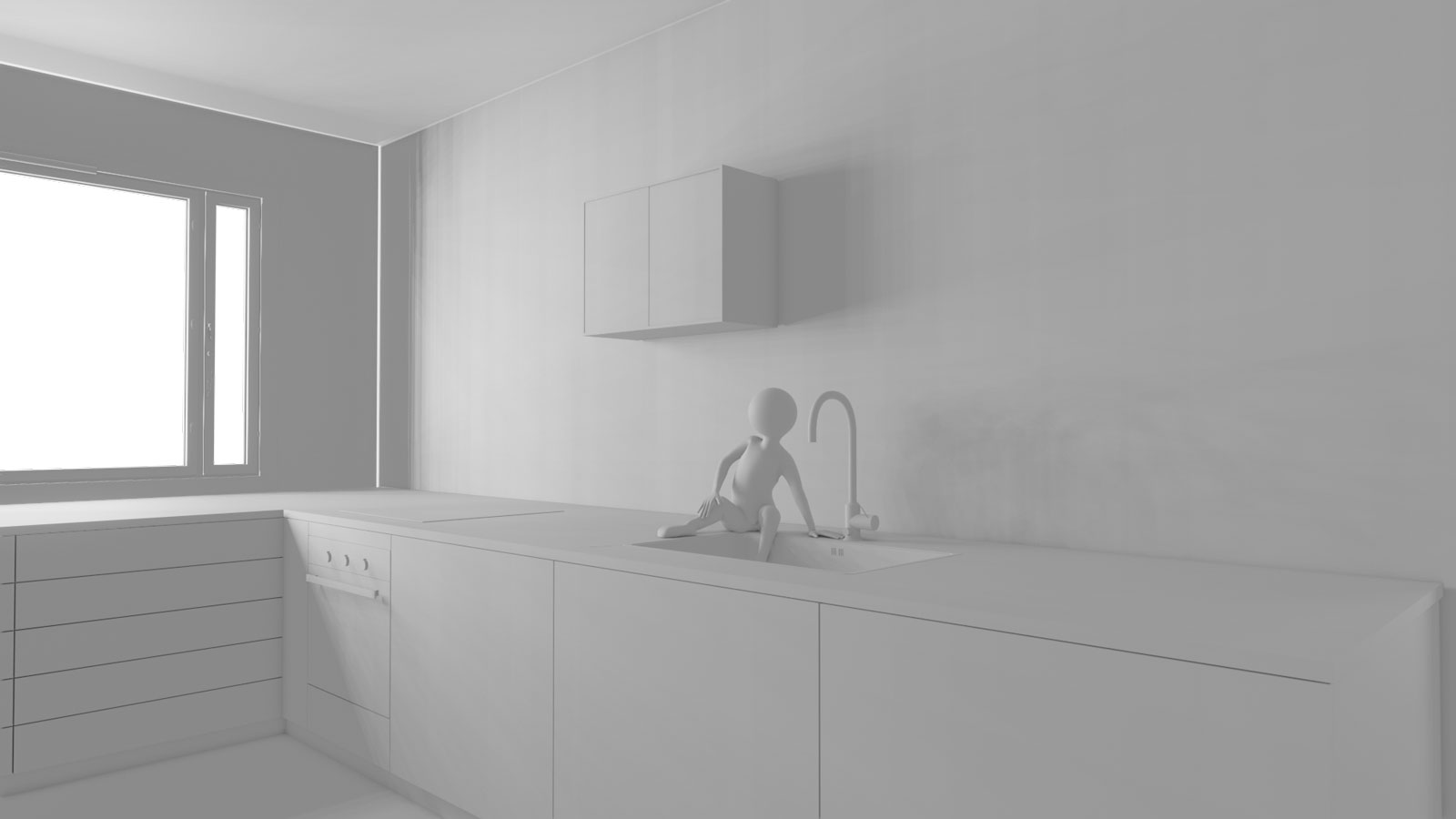 A scene from Deep Address: a human-like avatar sitting on a counter in a white room.