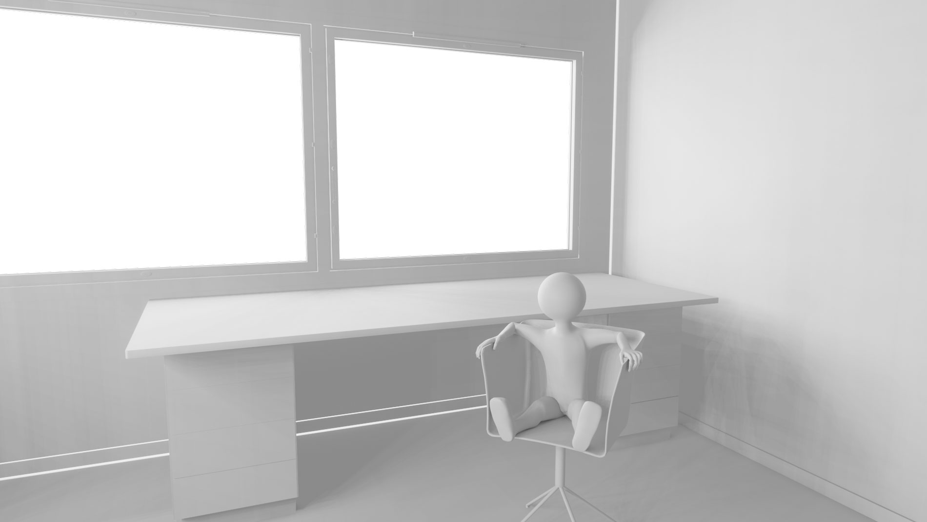 A scene from Deep Address: a human-like avatar sitting on a chair in a white room.