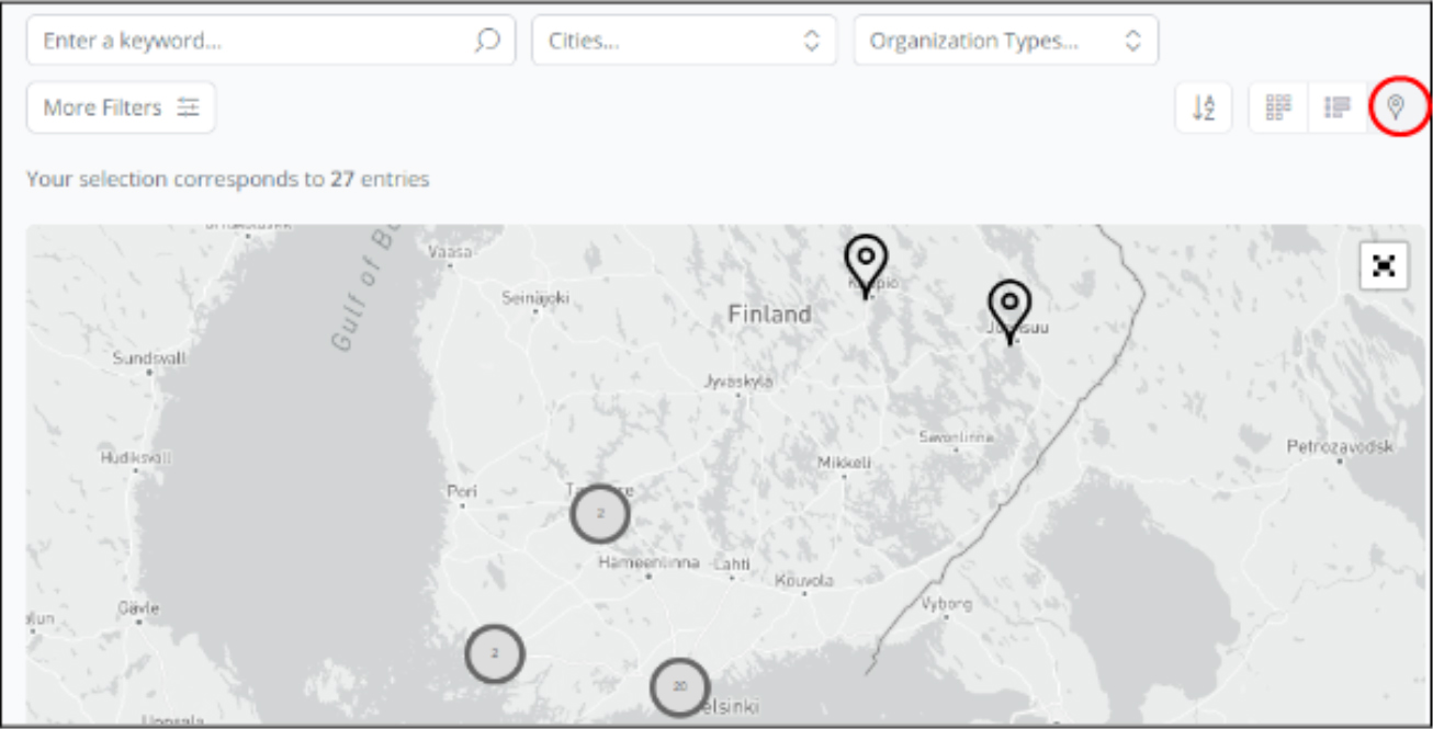 Image shows organization browsing function in the HXRC Network platform. The map listing function is turned on and it shows location of all 27 entries in a map of Finland.