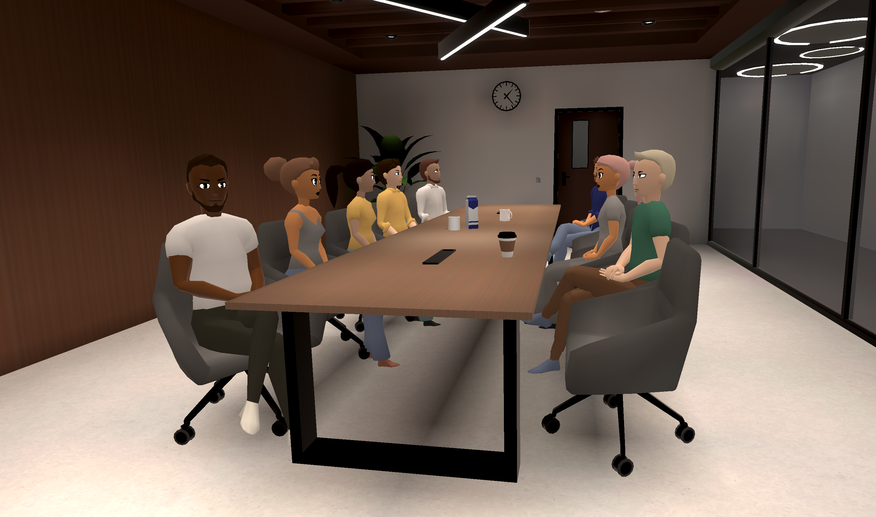 A 3D modeled meeting room with 10 3D avatars sitting by the table. One of them is looking straight at the speaker and the other ones seem to talk with each other.