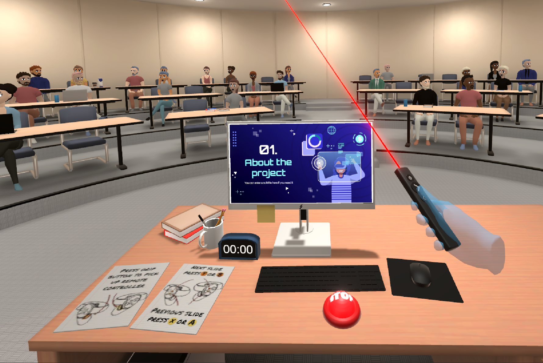 A screenshot of the view which the presenation has in PedaXR - Presentation Simulation when they are giving out a speech at an auditorium. 3D avatar people are looking at the presentator. There's a computer on the table in front of the speaker with the presentation slide set.