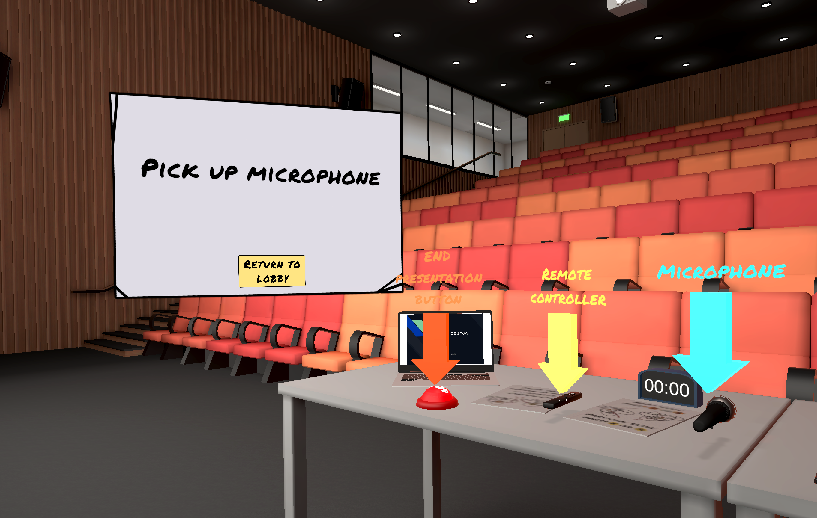A screenshot of the PedaXR - Presentation Simulation walk-through. There's a note saying that the user should pick up the microphone and arrows with bright colours are showing where the microphone, the remote controller and the "end presentation" button are located on the table.