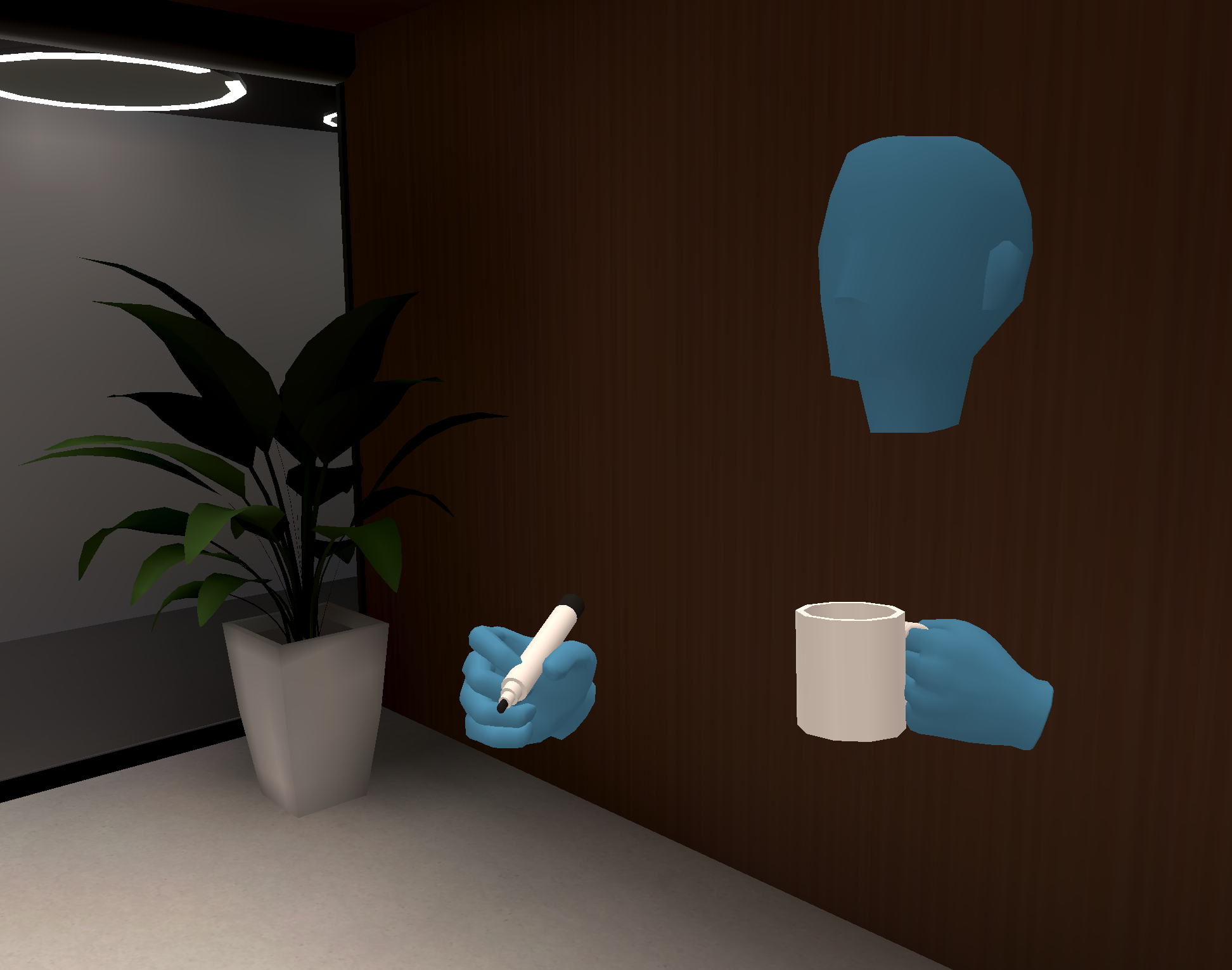 A screenshot of the PedaXR - Presentation Simulation. A blue floating head and hands: the other hand is holding a cup and the other hand a pen.
