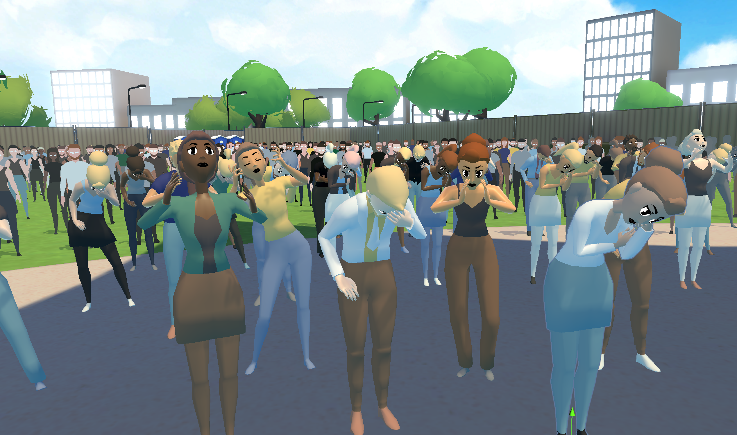 A screenshot of the audience in PedaXR - Presentation Simulation outdoor scene. The 3D avatar audience is booing at the speaker and facepalming. They seem frustrated and angry.