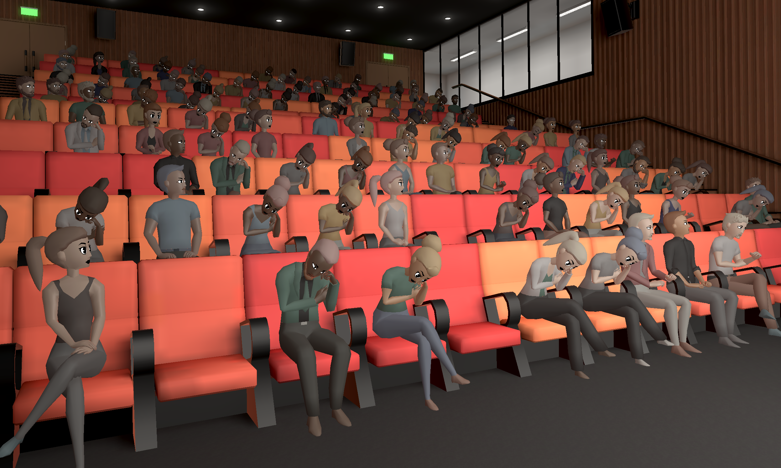 A screenshot of the audience in PedaXR - Presentation Simulation. The 3D avatar people are sitting on red couches and seem really bored.