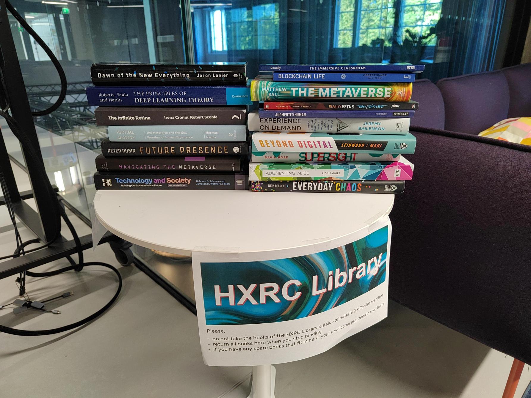 HXRC Library table with XR-related books.