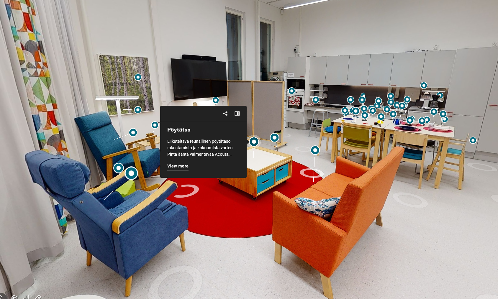 360 Matterport image of Kotikulma. The blue rings gave more information about objects and furniture.